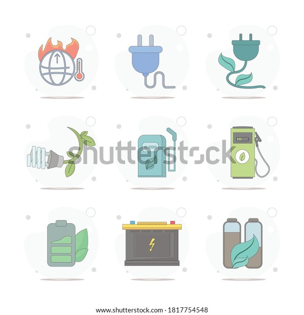 alternative energy flat icon set with, green\
leaf battery, car battery, electric plug vector flat illustration\
on white\
background