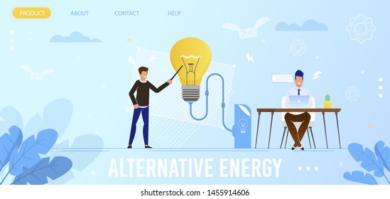 Alternative Energy Flat Landing Page. Homepage Mockup with Cartoon Men Characters Brainstorming and Studding Eco Friendly Technologies for Electricity Production. Vector Ecology Sources Illustration