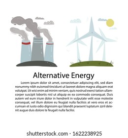 Alternative Energy Generating, ecology problems and saving planet concept. On the left side factory chimneys against the gray sky, to the right are windmills and pure sunny nature.