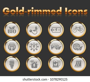 alternative energy gold-rimmed vector icons with black background