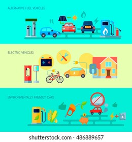 Alternative energy horizontal banners set with alternative fuel vehicles symbols flat isolated vector illustration 