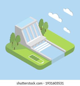 alternative energy hydroelectric power station isometric vector illustration