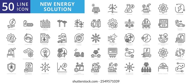 Ícone de energia alternativa definido com solar, vento, geotérmica, hidroelétrica, biomassa, energia das marés, onda, renovável, sustentável, eficiência, fotovoltaica, turbina, gerador, inversor, armazenamento e bateria