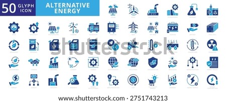 Alternative energy icon set with solar, wind, geothermal, hydropower, biomass, tidal power, wave, renewable, sustainable, efficiency, photovoltaic, turbine, generator, inverter, storage, and battery