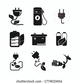 alternative energy icon set with, green leaf battery, car battery, electric plug