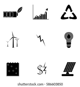 Alternative energy icons black silhouette. Saving money and ecological battery, illustration of renewable electricity