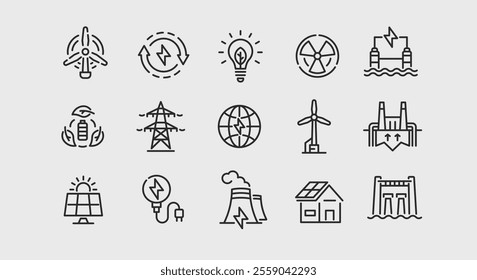 Alternative Energy icons. Set of 15 icons related to sustainable and renewable energy sources. Includes Solar Panel, Wind Turbine, Hydroelectric Dam, Electric Car, Battery icons. Vector illustration.
