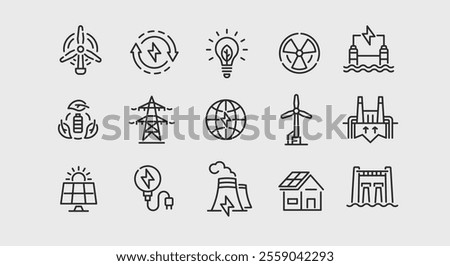 Alternative Energy icons. Set of 15 icons related to sustainable and renewable energy sources. Includes Solar Panel, Wind Turbine, Hydroelectric Dam, Electric Car, Battery icons. Vector illustration.