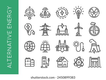 In: Alternative Energy Icons. Set von 20 Icons im Zusammenhang mit nachhaltigen und erneuerbaren Energiequellen. Enthält Sonnenkollektoren, Windkraftanlagen, Wasserkraftdämme, Elektroautos, Batterie-Symbole. Vektorillustration.