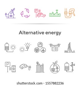 Alternative energy icons. Set of line icons. Sun with charge, water tube, car park. Alternative energy concept. Vector illustration can be used for topics like environment, ecology, technology