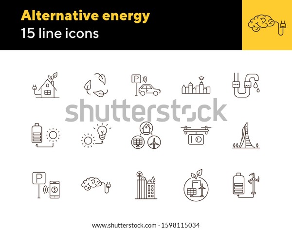 Alternative energy icons. Set of line icons.\
Sun with charge, water tube, car park. Alternative energy concept.\
Vector illustration can be used for topics like environment,\
ecology,\
technology