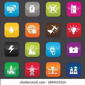 Alternative energy icons set for web sites and user interface. Colored buttons on a dark background