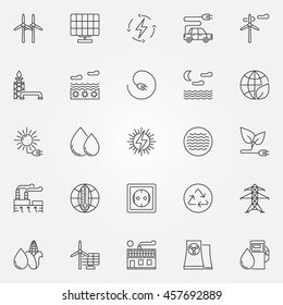 Alternative energy icons. Vector set of renewable energy concept symbols or logo elements in thin line style