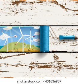 Alternative energy innovation concept. Roller brush with frame of wind turbines, blue sky sunny landscape on the old painted wood panels background