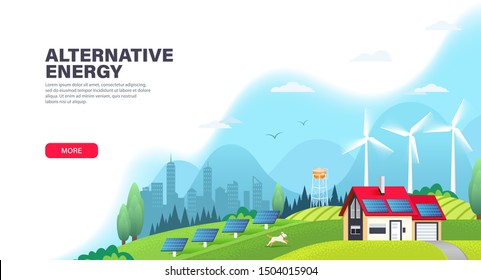 Alternative energy landing page template with solar panels and wind turbines. Ecological sustainable energy supply. Green energy and eco friendly house. Modern flat vector illustration.