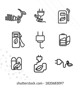 alternative energy line icon set with, green leaf battery, car battery, electric plug