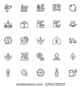 Alternative energy line icons set. linear style symbols collection, outline signs pack. Eco friendly vector graphics. Set includes icons as solar power, wind turbine, renewable energy, electric car