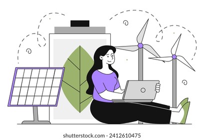 Alternative energy linear concept. Woman with laptop sitting near soar panels and windmills. Sustainable and zero waste lifestyle. Eco friendly activist and volunteer. Line flat vector illustration