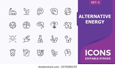 Alternative Energy linear icon collection. Includes thin line renewable, power, environmental, panel, solar, factory, thermal. Thin linear style icons. Vector illustration in modern line style.