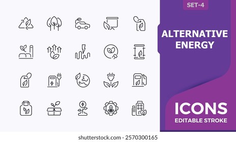 Alternative Energy linear icon collection. Includes thin line renewable, power, environmental, panel, solar, factory, thermal. Thin linear style icons. Vector illustration in modern line style.