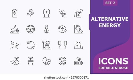 Alternative Energy linear icon collection. Includes thin line renewable, power, environmental, panel, solar, factory, thermal. Thin linear style icons. Vector illustration in modern line style.