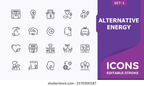 Alternative Energy linear icon collection. Includes thin line renewable, power, environmental, panel, solar, factory, thermal. Thin linear style icons. Vector illustration in modern line style.