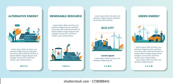 Alternative energy mobile application banner set. Idea of ecology frinedly power and electricity. Save the environment. Solar panel and windmill. Isolated flat vector illustration