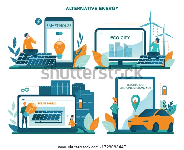 Alternative energy online service or\
platform set. Idea of ecology frinedly power. Smart house energy\
app, green city website, solar panels shop and charging station\
map. Vector\
illustration