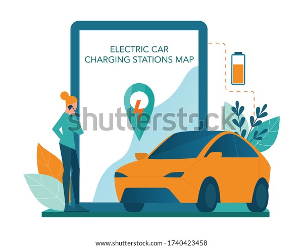 Alternative energy online service or\
platform set. Idea of ecology frinedly power. Electric car charging\
station map. Vector\
illustration