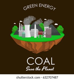 alternative energy power industry, coal  factory electricity on a green grass ecology concept, technology of renewable station vector illustration