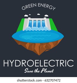 alternative energy power industry, hydroelectric factory electricity on water ecology concept, technology of renewable aqua generator station vector illustration