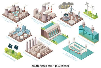 Alternative energy and power plants and green electric energy generation stations, vector isometric icons. Solar panels, bio fuel, thermal or geothermal, nuclear, tidal and water wave power stations - Shutterstock ID 1563262621