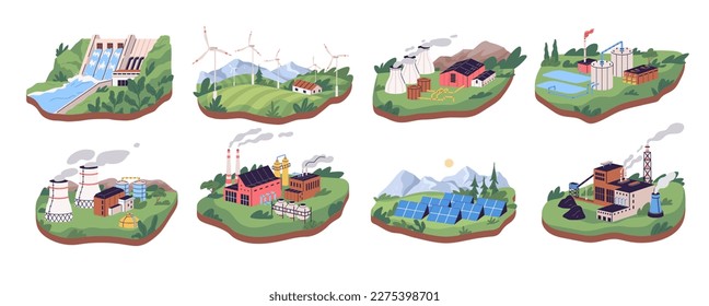 Centrales de energía alternativas y estaciones de generación de energía eléctrica verde. Potencia isométrica. Paneles solares, biocombustible, carbón, termotermia o geotérmica, centrales de energía de marea nuclear y oleaje de agua. Energía