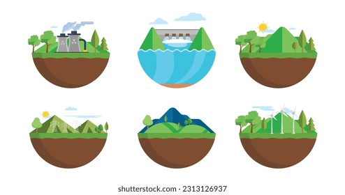 Alternative energy and power plants and green power generation stations, isometric vector. 