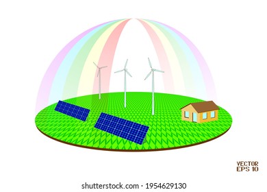 Alternative Energy for Power Supply. Small House on Green Grass. Country Cottage with Blue Pool. Rural Landscape under the Rainbow. Vector. 3D Illuctration