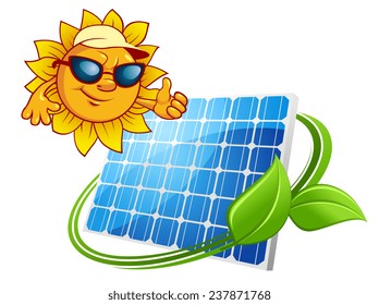 Alternative energy and renewable resources eco concept with cartoon cheerful sun showing thumb up gesture and solar panel surrounded by green leaves