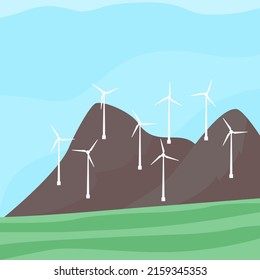 Alternative energy resource with wind turbines, field, mountains, blue sky. Summer landscape and windmill elements. Ecological power.