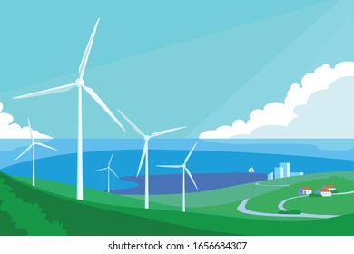 Alternative energy resource with windmills vector illustration. Green fields with generators cartoon design. Large turbine and eco friendly technology concept