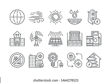 Alternative energy resources line black icons set. Green city vector pictograms. Eco friendly. Environment protect symbol. Sign for web page, app, promo. UI/UX/GUI design element. Editable stroke.