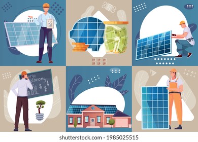 Alternative energy resources six flat illustrations with people working with solar cells isolated vector illustration