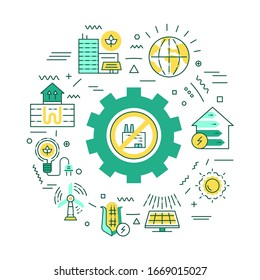 Banner web de recursos energéticos alternativos. Ciudad verde. Protección del medio ambiente. Infografía con iconos lineales en segundo plano. Concepto creativo. Ilustración de color de contorno aislada