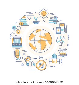 Banner web de recursos energéticos alternativos. Ciudad verde. Protección del medio ambiente. Infografía con iconos lineales en segundo plano. Concepto creativo. Ilustración de color de contorno aislada