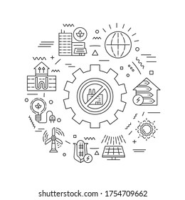 Alternative energy resources web banner. Green city. Environment protect. Infographics with linear icons on background. Creative idea concept. Isolated outline black illustration.