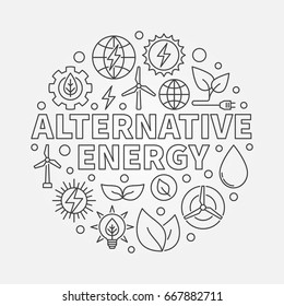 Alternative energy round illustration - vector circular symbol made with solar, water, wind power icons in thin line style