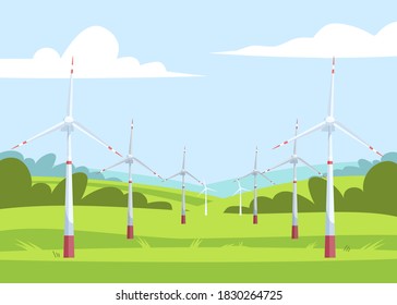 Ilustración vectorial semiplana de energía alternativa. Generadores ecológicos de electricidad. Molinos de viento en campo. La industria de la energía eléctrica renovable paisaje de dibujos animados 2D para uso comercial