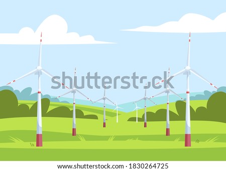 Alternative energy semi flat vector illustration. Electricity ecological generators. Windmills in field scenery. Renewable electric power industry 2D cartoon landscape for commercial use