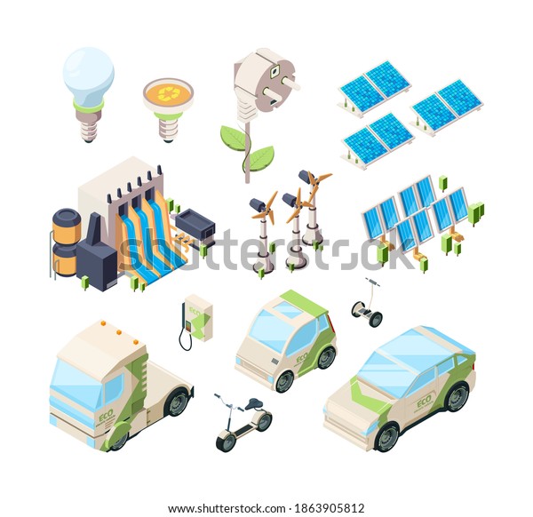 Alternative energy\
set. Solar panels green chargers industrial eco systems windmill\
modern isometric vector\
set