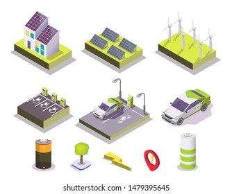 Alternative energy set, vector flat isolated illustration. Isometric eco friendly house, solar panels, wind turbines, battery, electric car charger. Wind and solar power systems green renewable energy