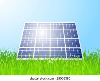 alternative energy solar panels stood in lush green grass reflecting the sun