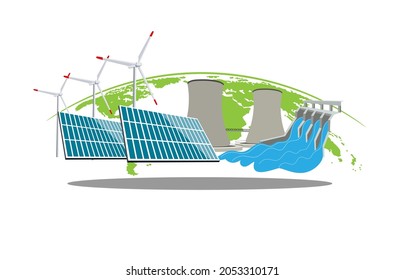 Alternative energy from solar panels , wind turbines,nuclear and hydro electric on green earth  planet .Ecological sustainable energy supply.vector illustration.